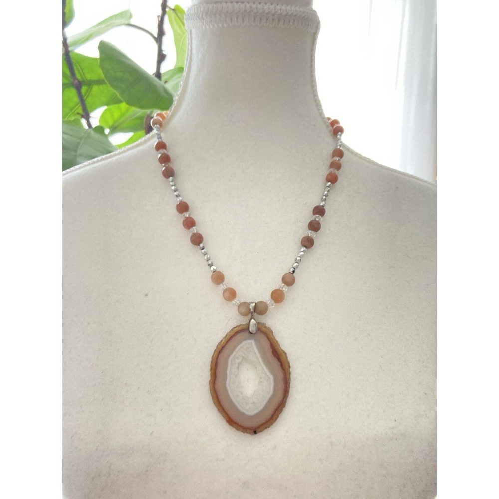 Agate Slice Pendant Necklace In Rusty Peach Beaded Silver Tone Boho Statement